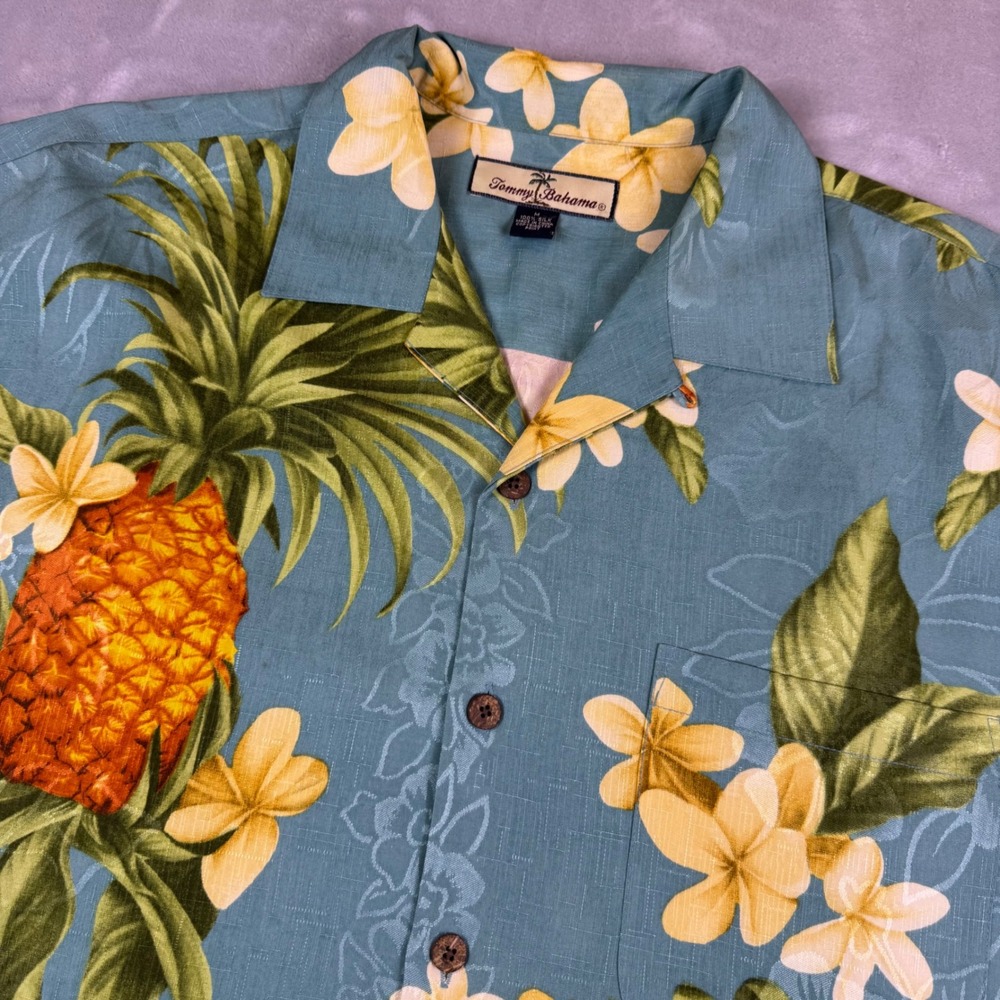Tommy Bahama Relax Mens Medium Silk Pineapple Floral Tropical Camp Shirt Blue